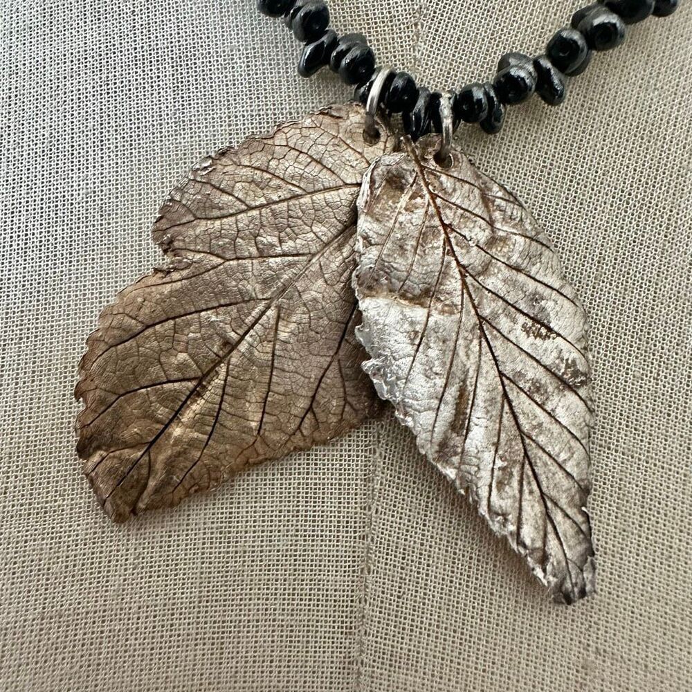 Artisan Hematite Bead Necklace with Electroplated Leaf Pendant - Picture 4 of 13